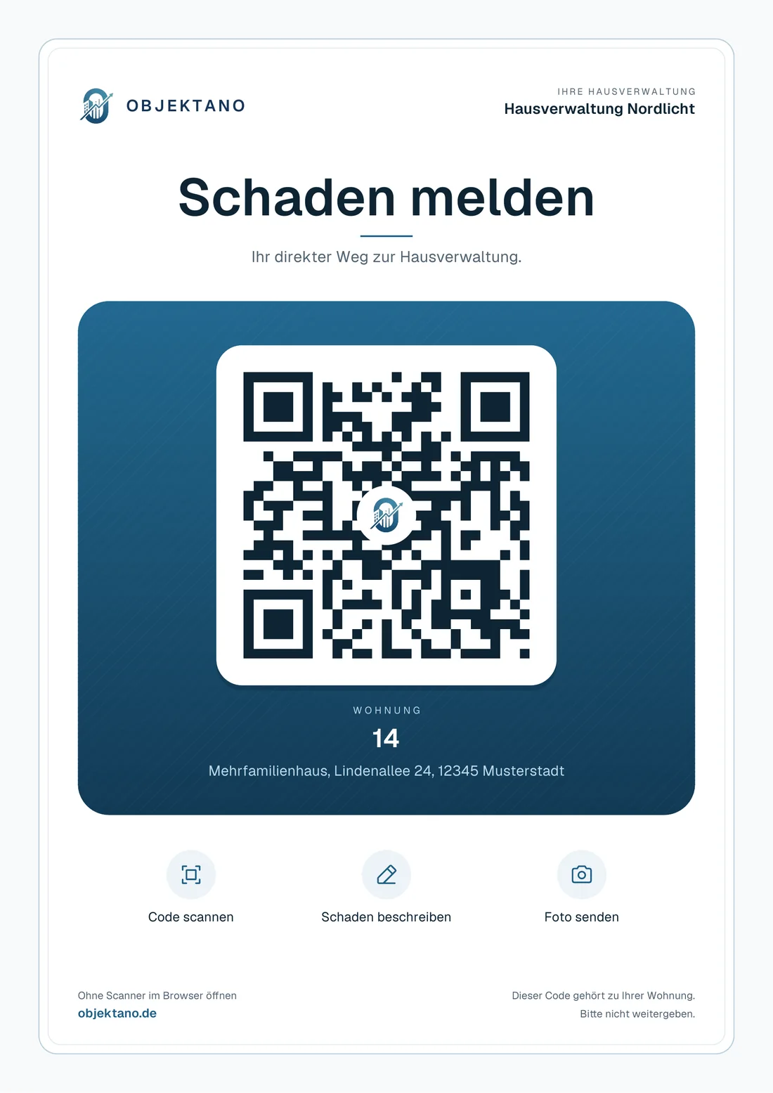 QR-Aushang von Objektano für Wohnung 14: Schaden melden, QR-Code, Adresse und drei Schritte