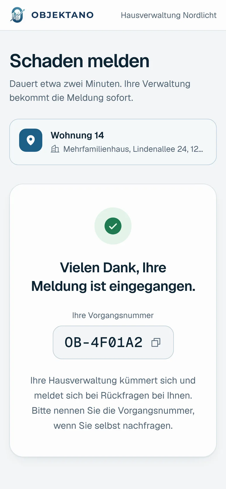 Bestätigung auf dem Handy: Vielen Dank, Ihre Meldung ist eingegangen, mit Vorgangsnummer